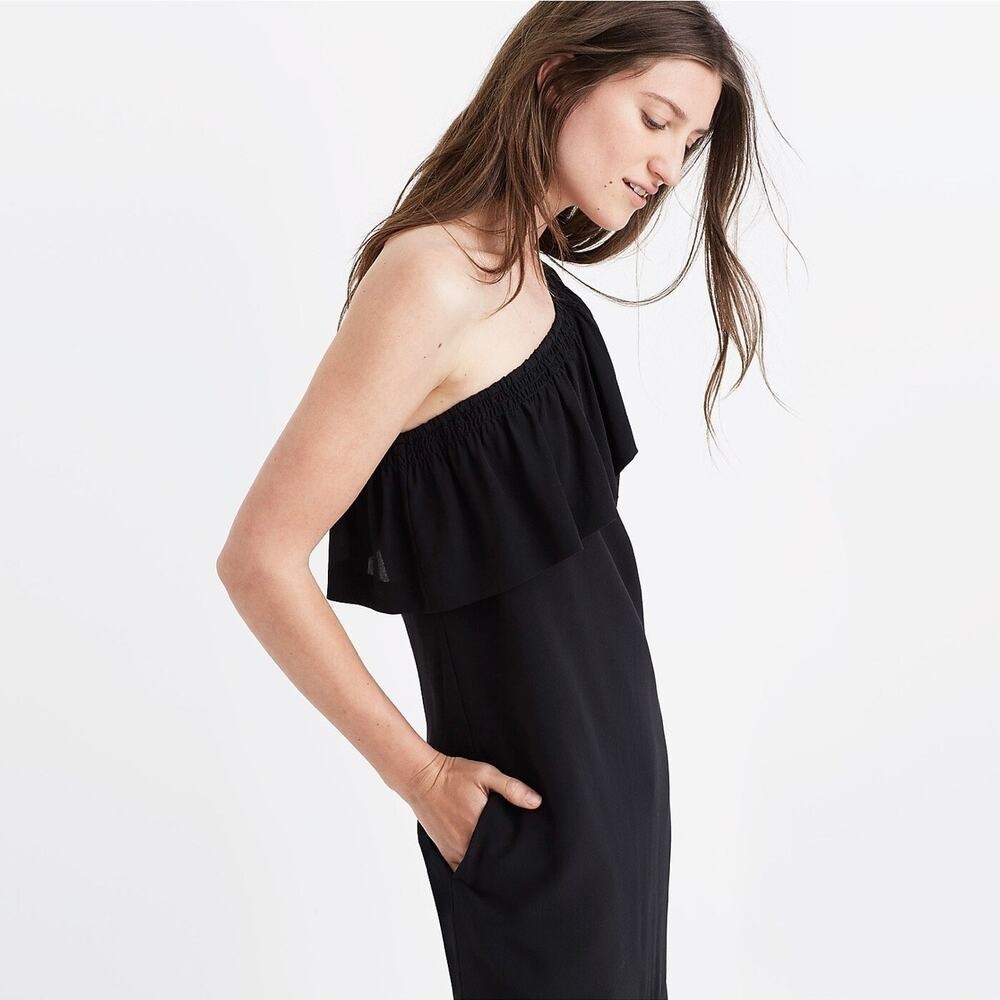 MADEWELL‎ Silk One-Shoulder Ruffle Mini Shift Dress Black Pockets NWT Women's 0 - Picture 2 of 9